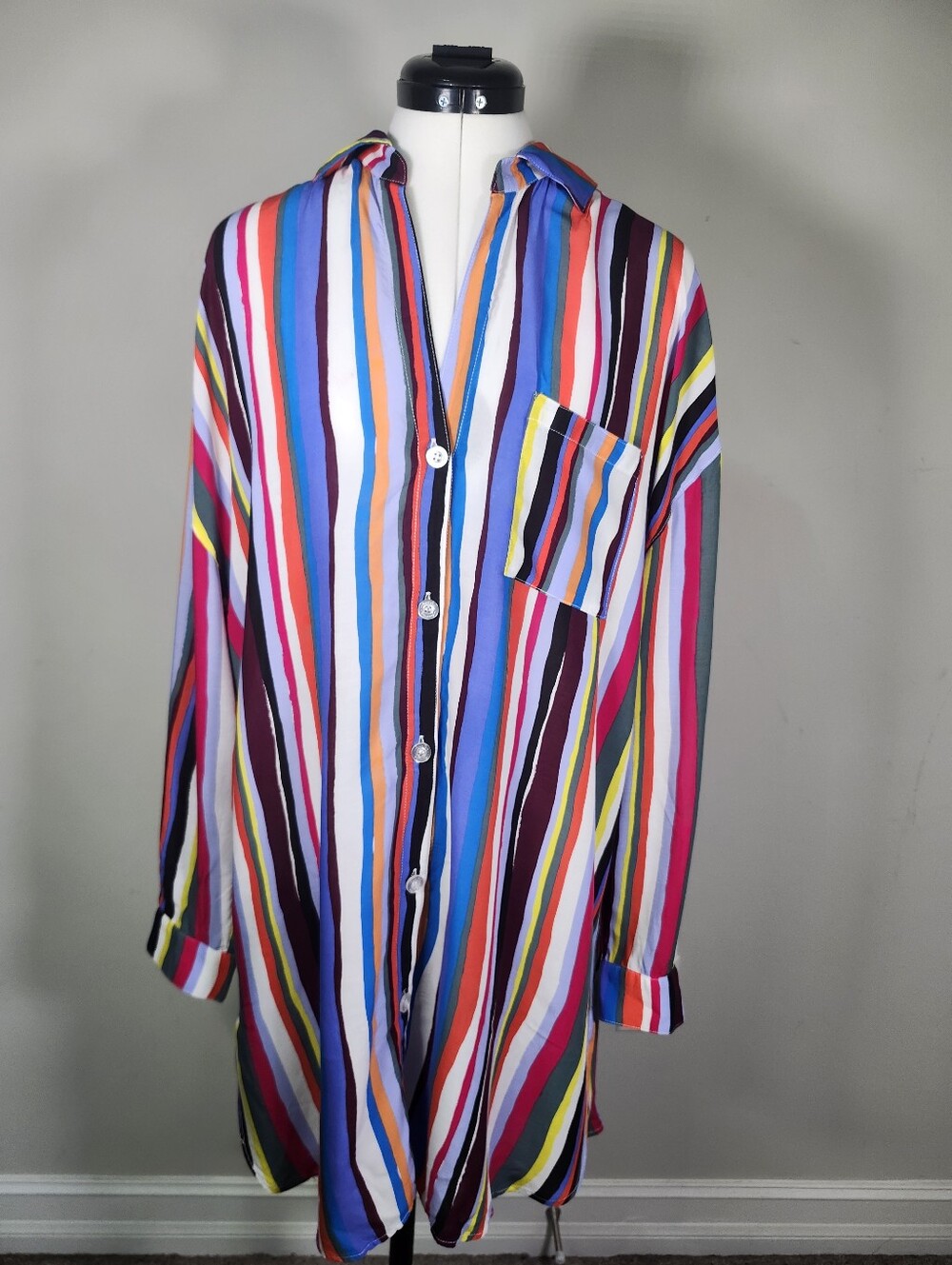 Anne Cole Multicolor Stripe Boyfriend Long SL Button Shirt Swim Cover-Up S L/XL